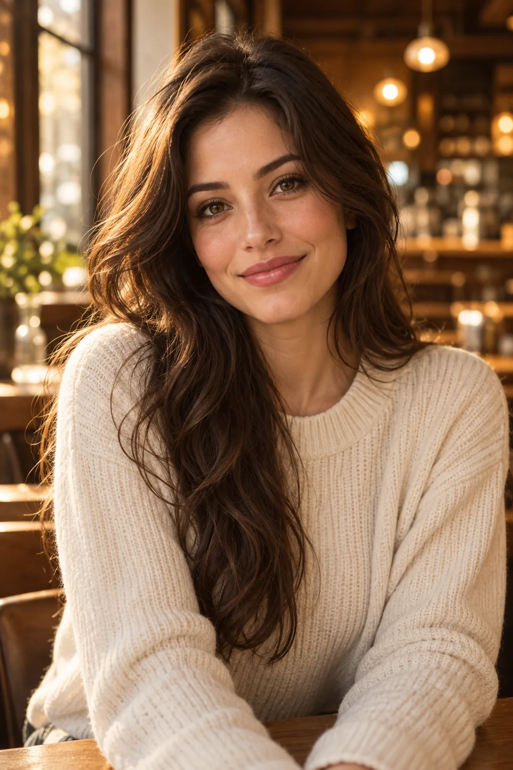 Luna, a fictional AI companion, in a warm café setting